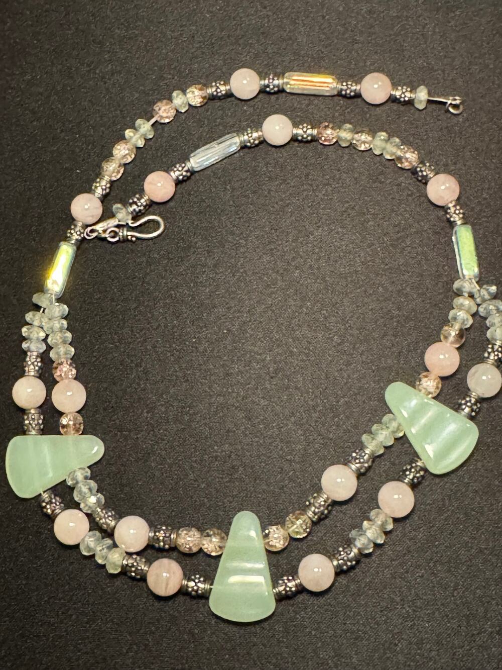 Vintage Green Jadeite & Pink Quartz Artisan Made 18in Necklace